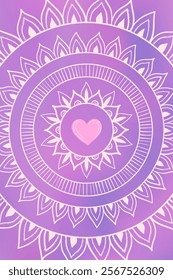 Elegant hand drawn mandala pattern in white linear design on purple background with a pink heart at center, combining spiritual geometric patterns with romantic symbolism.