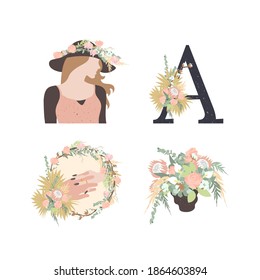 Elegant hand drawn pastel boho wedding clipart set. Isolated on white background. Stock vector illustration.