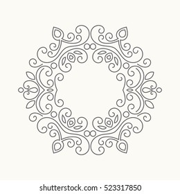 Elegant hand drawn retro floral frame. Design template for banner, card, invitation, label, emblem etc. Lineart vintage border. Vector illustration.