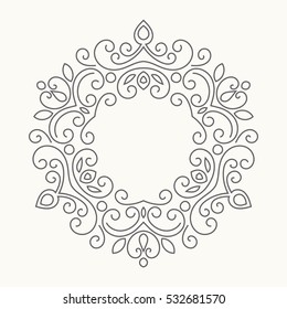 Elegant hand drawn retro floral frame. Design template for banner, card, invitation, label, emblem etc. Lineart vintage border. Vector illustration.