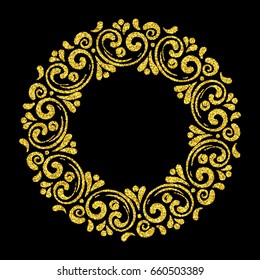 Elegant hand drawn retro floral frame on black background. Gold dust textured design template for banner, card, invitation, label, emblem etc. Lineart vintage border. Vector illustration.