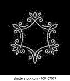 Elegant hand drawn retro floral frame on black background. Silver dust textured design template for banner, card, invitation, label, emblem etc. Lineart vintage border. Vector illustration.