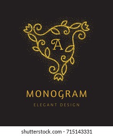 Elegant hand drawn retro floral frame with monogram on black background. Gold dust textured design template for banner, card, invitation, label, emblem. Lineart vintage border. Vector illustration.