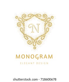 Elegant hand drawn retro floral frame with monogram on white background. Gold dust textured design template for banner, card, invitation, label, emblem. Lineart vintage border. Vector illustration.