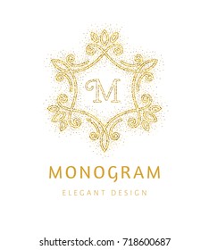 Elegant hand drawn retro floral frame with monogram on white background. Gold dust textured design template for banner, card, invitation, label, emblem. Lineart vintage border. Vector illustration.