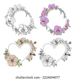 Elegant hand drawn round floral frames set. Doodle pansy and hibiscus flowers frames. Colorful and monochrome. Stock vector illustration.