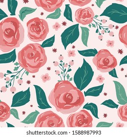 Elegant hand drawn seamless pattern with berries and roses flowers for fabric, stationery, textile, wrapping and wallpaper design. Cute hand drawn scandinavian vector illustration tileable background