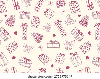 Elegant hand drawn seamless pattern of presents and gift boxes, coquette ribbon bows, hearts. Romantic doodle style design, for wrapping paper, wedding stationery, textiles, romantic greeting designs