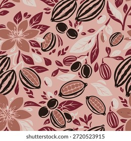 Elegant hand drawn seamless vector pattern featuring shea nuts, cocoa beans, and tropical flowers. Perfect for organic skincare packaging and luxury.