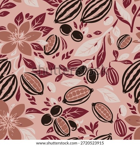 Elegant hand drawn seamless vector pattern featuring shea nuts, cocoa beans, and tropical flowers. Perfect for organic skincare packaging and luxury.