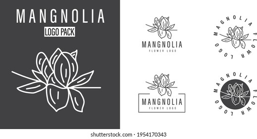 Elegante Paquete de Logotipo de Magnolia Simple Dibujado a Mano, ilustración del logotipo de las flores de magnolia vectorial. Herencia floral. Emblema floral botánico con tipografía sobre fondo blanco