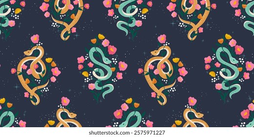 Elegant hand drawn snakes and floral seamless pattern, detailed - great for fabrics, clothing, wallpapers - vector