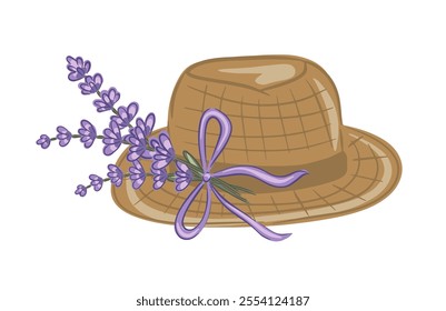 Elegant hand drawn straw hat adorned with lavender and a purple ribbon in a simple design vector illustration