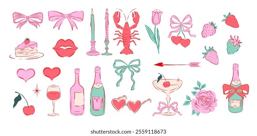 Elegant hand drawn style elements for Valentines day and wedding illustrations. Concept love themed icons for Valentine and birthday cards, save the date, picnic invitations . Retro vector