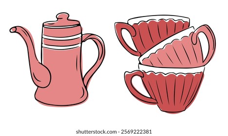 Elegant hand drawn tea set with vintage teapot and stacked cups in retro doodle style with soft pink tones. Vector hand drawn drawing isolated on white background