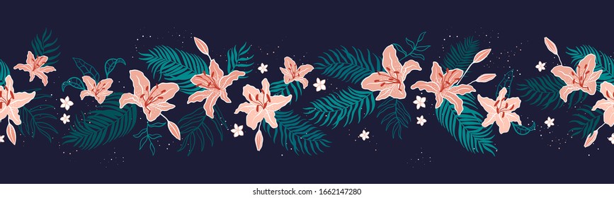 Elegant hand drawn tropical floral horizontal seamless pattern, exotic flower background, great for textiles, banners, wallpapers - vector design