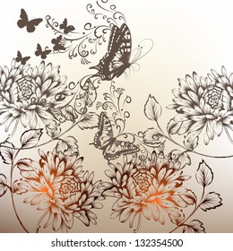 Elegant hand drawn vector background with flowers and butterflies