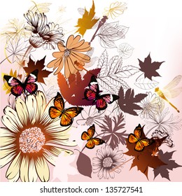 Elegant hand drawn vector background with flowers, leafs and butterflies