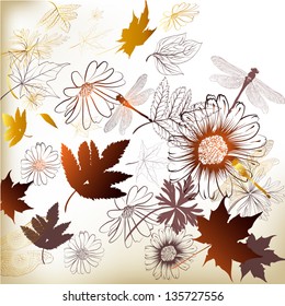 Elegant hand drawn vector background with flowers, leafs and butterflies