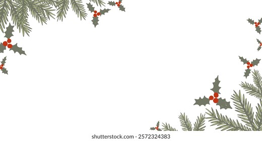 Elegant hand drawn vector frame winter holly leaves and berries for festive Christmas designs vector illustration