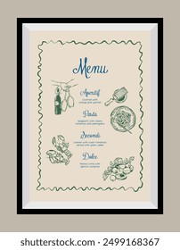 Elegant hand drawn vector menu template. Food and beverage doodles. Matisse style illustrations.