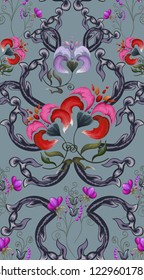 Elegant Hand Drawn vector pattern.Decorative  seamless ornament with retro flowers