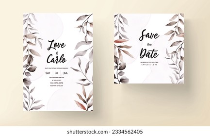 elegant hand drawn watercolor leaves wedding invitation template