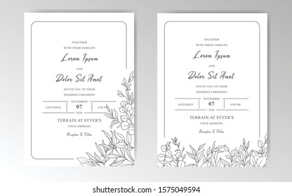 Elegant Hand drawn Wedding invitation cards template with Beautiful Leaves