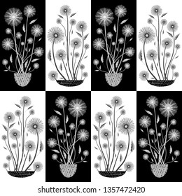 Elegant hand drawn white and black flowers in half drop design. Seamless vector pattern on tiled background. Great for spa, hotel, beauty, marketing garden products, stationery, packaging, giftwrap