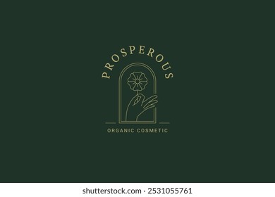 Mão elegante com modelo de design de logotipo de arte da linha da flor para a ilustração do vetor do salão de beleza da manicura. Camomila floral do florescimento feminino em quadro antigo minimalista linear logotipo spa marca de cuidados com a pele