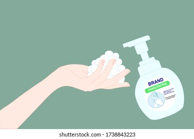 Mano elegante con botella de jabón espumoso y burbuja. Método de prevención de enfermedades. Evitar la infección por gérmenes. Producto desinfectante. publicidad médica. Dejen de contagiarse.