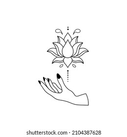 Elegant hand and lotus flower. Mystical vector illustration. Ethnic esoteric elements. Witch hand isolated on white background. Use for card, t-shirt print, astrology, tarot logo, meditation poster.
