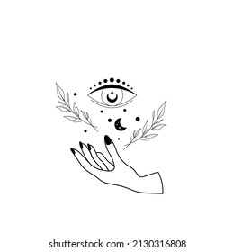 Elegant hand and mystic eye. Elegant vector illustration. Esoteric elements. Witch hand isolated on white background. Use for card, t-shirt print, astrology poster, tarot logo, meditation poster.