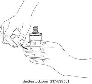 Elegant Hand with Nail Polish - Vector Illustration for Beauty Salons and Cards, Chic Nail Polish Vector Drawing - Linear Hand Illustration on White Background, Graceful Hand Holding Pink Nail Polish
