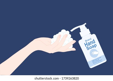 Elegant hand with soap pump bottle and bubble. Disease prevention method. Avoid germs infection. Disinfectant product. medical advertisement. Stop spreading contagious