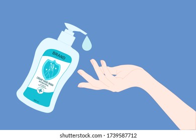 Elegante Hand mit Seifenpumpenflasche und Luftblase. Methode zur Prävention von Krankheiten Vermeiden Sie Keiminfektionen. Desinfektionsmittel medizinische Werbung. Ansteckende Ausbreitung stoppen