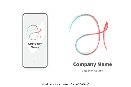 Elegant hand written calligraphy letter H logo, monogram. Vector gradient trendy brand identity mark. Mobile app onboarding screen template included.