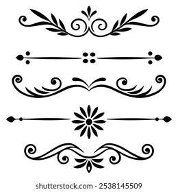 Elegante juego de divisores de texto negro dibujado a mano: Colección de divisores decorativos minimalistas.Descubra es una hermosa colección de elegantes divisores de texto negros dibujados a mano, perfectos para mejorar documentos.