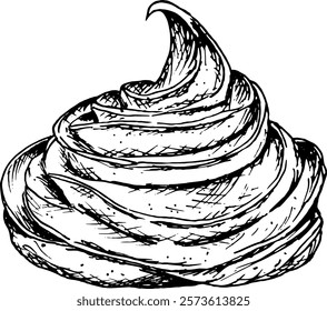 Elegant hand-drawn black-and-white vector illustration of a whipped cream swirl. Ideal for bakery branding, dessert menus, festive packaging, and culinary designs with a modern or vintage aesthetic.