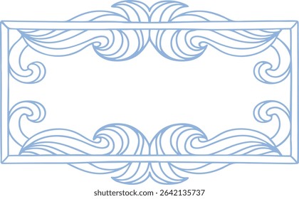 Elegant hand-drawn blue ornamental rectangular frame with wave swirl details  Decorative vintage border design for cards, posters, invitations, labels, and scrapbook elements.