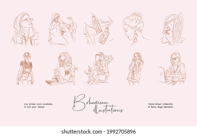 Elegant hand-drawn boho style wall art vector set. Bohemian line art drawing. Abstract feminine line art design for print, cover, wallpaper. Minimal wall art.