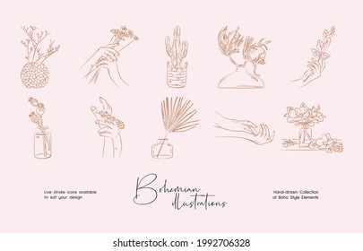 Elegant hand-drawn boho style wall art vector set. Bohemian line art drawing with abstract shape. Abstract line art design for print, cover, wallpaper. Minimal wall art.
