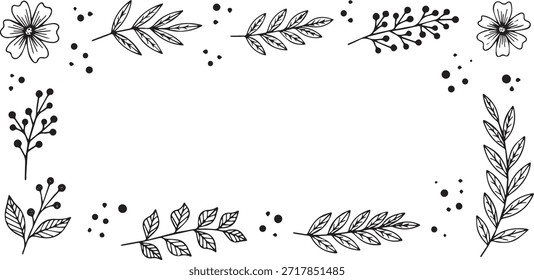 Um elegante quadro botânico desenhado à mão com uma variedade de folhas delicadas, ramos e pequenas flores, com pontos dispersos criando uma estética encantadora e rústica.