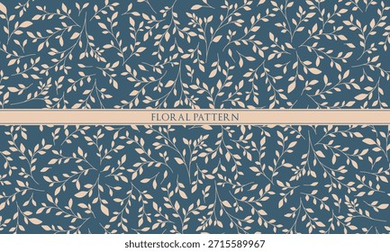 Elegante padrão botânico desenhado à mão com folhas beges sobre fundo azul. Perfeito para têxteis de luxo, papéis de parede, estacionários e projetos premium.
