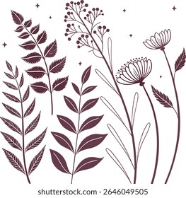 Elegant Hand-Drawn Botanical Vector Illustration Minimal Floral Leaves and Wildflowers Design