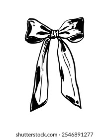 Elegant hand-drawn bow illustration in a coquette vintage style, featuring flowing ribbon details in minimalist line art. Perfect for feminine, romantic, or modern design projects.