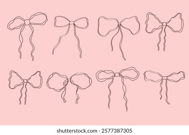 Elegant hand-drawn bows and ribbons illustrations in minimal style.  Vintage vector illustration in trend colors. Perfect for holiday poster, greeting cards, wedding