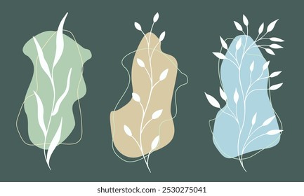 Elegant hand-drawn branches with leaves in a minimalist line art style with abstract shapes. Boho botanical elements for nature-themed projects, greeting cards, package design, or botanical art