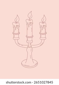 Elegante titular de vela desenhada à mão com três velas acesas em tons suaves rosa. Estilo romântico vintage, perfeito para celebração, casamento, ou ilustrações atmosfera acolhedora.