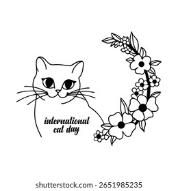 Elegant hand-drawn cat beside a floral wreath in ink textures, perfect for international cat day celebrations and pet-themed creative projects on a white background.